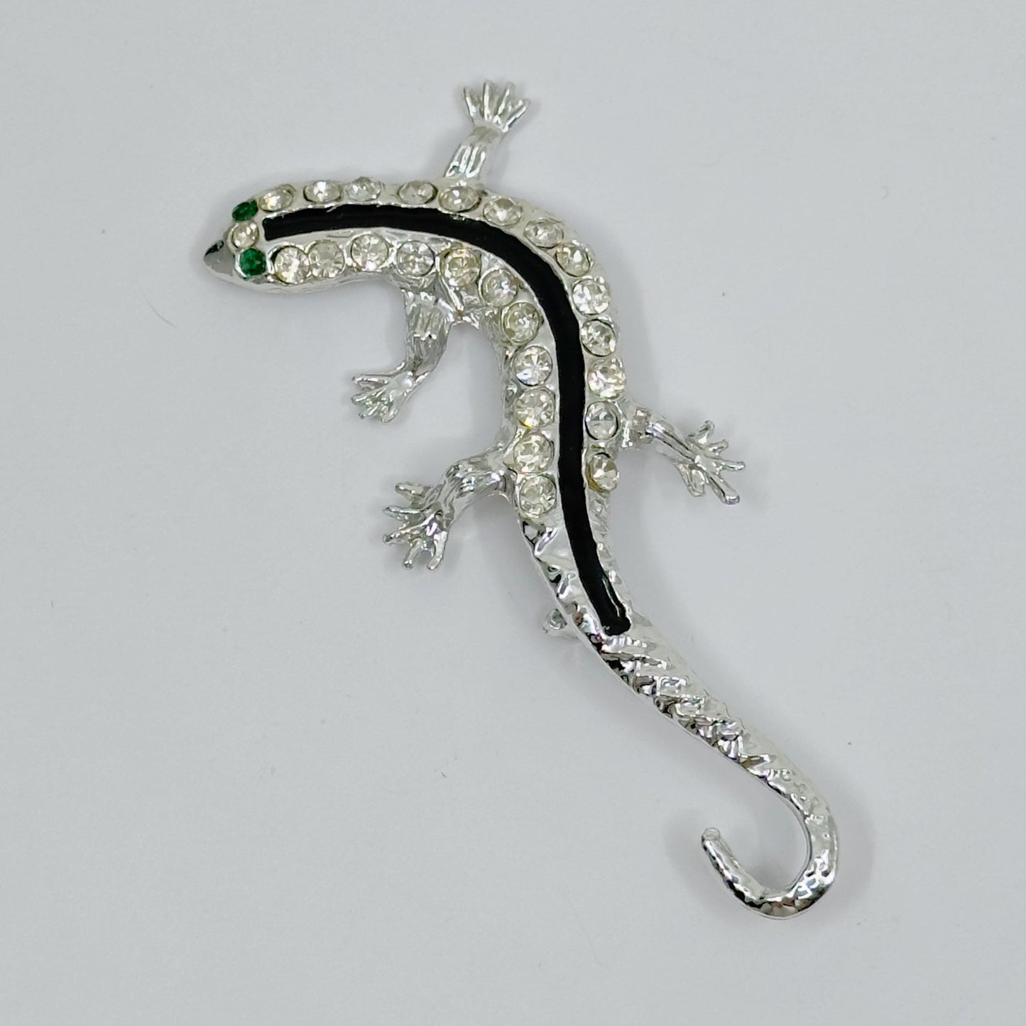 Vintage Rhodium plate emerald & diamante rhinestone Lizard brooch - GM3002