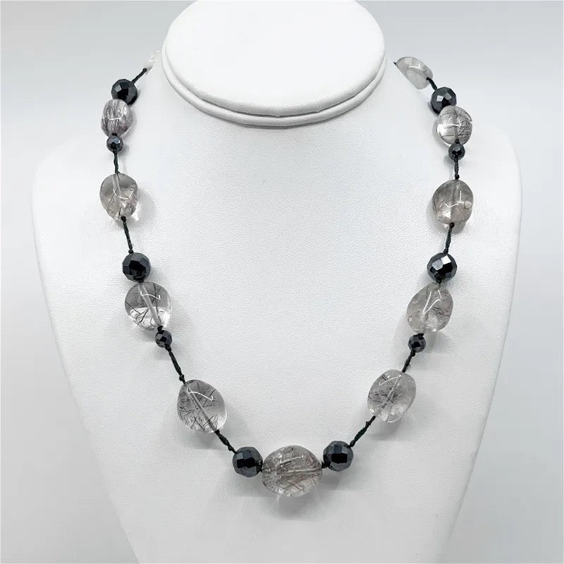 sterling silver rutilated quartz & crystal bead necklace - GM1007