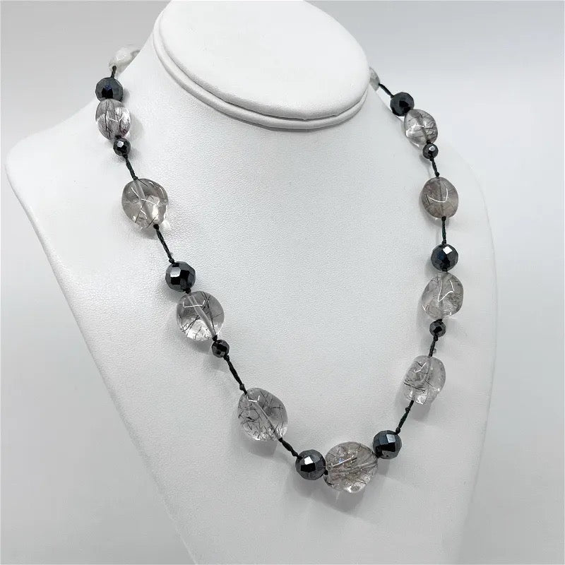 sterling silver rutilated quartz & crystal bead necklace - GM1007