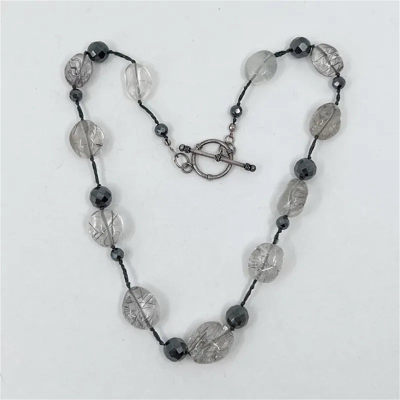 sterling silver rutilated quartz & crystal bead necklace - GM1007