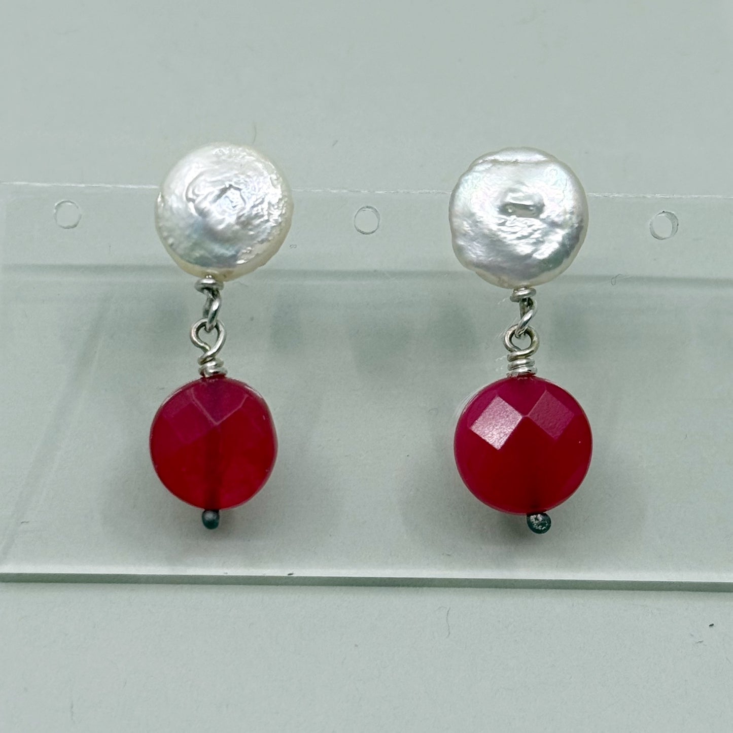 Hand Made sterling silver freshwater pearl & red chalcedony drop earrings - GM1008