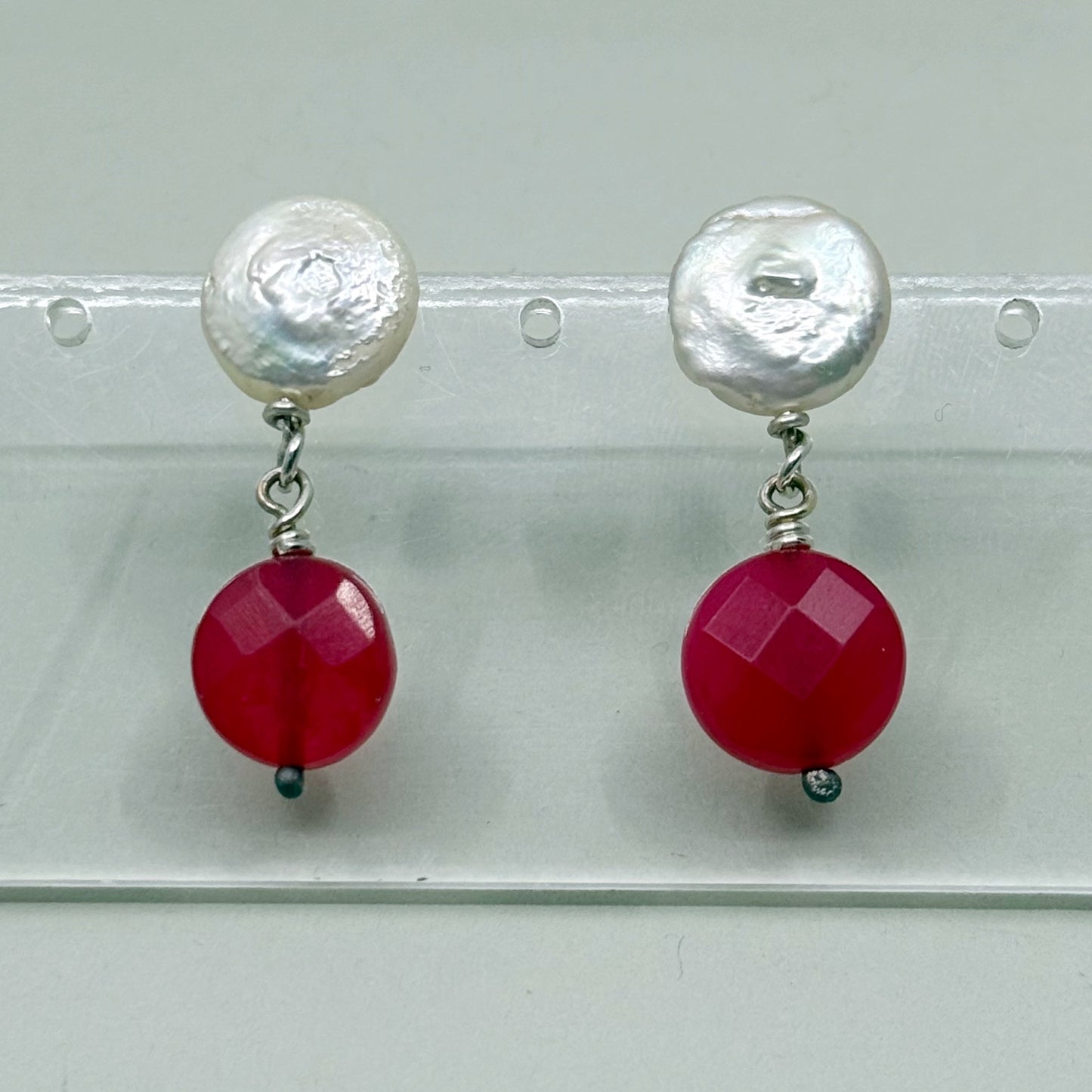 Hand Made sterling silver freshwater pearl & red chalcedony drop earrings - GM1008