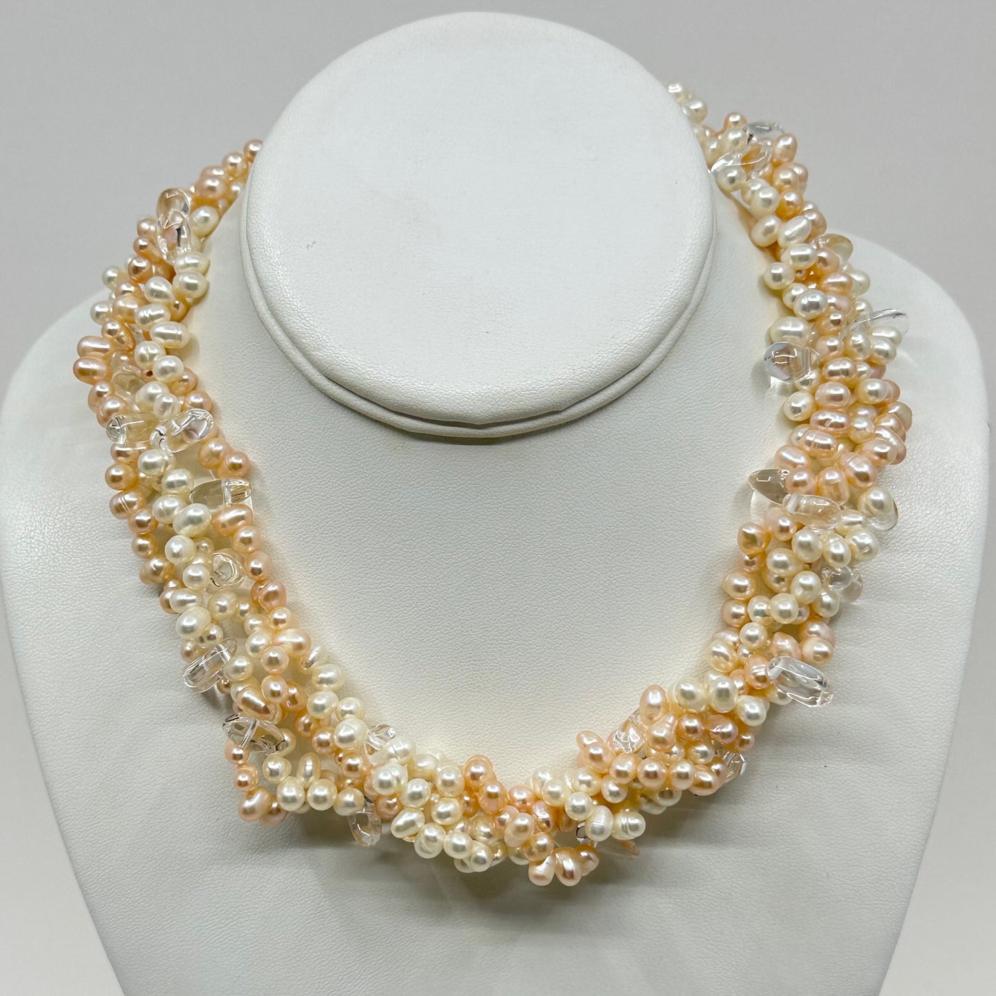 14k Gold filled cultured pearl & quartz torsade necklace - GM1015