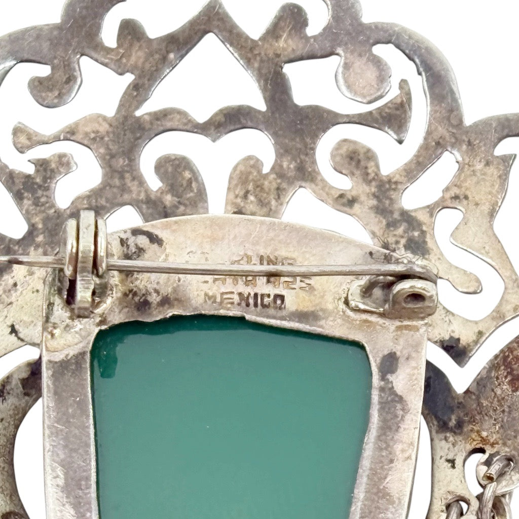 Vintage Mexican sterling silver carved chrysoprase mask brooch - GM1033