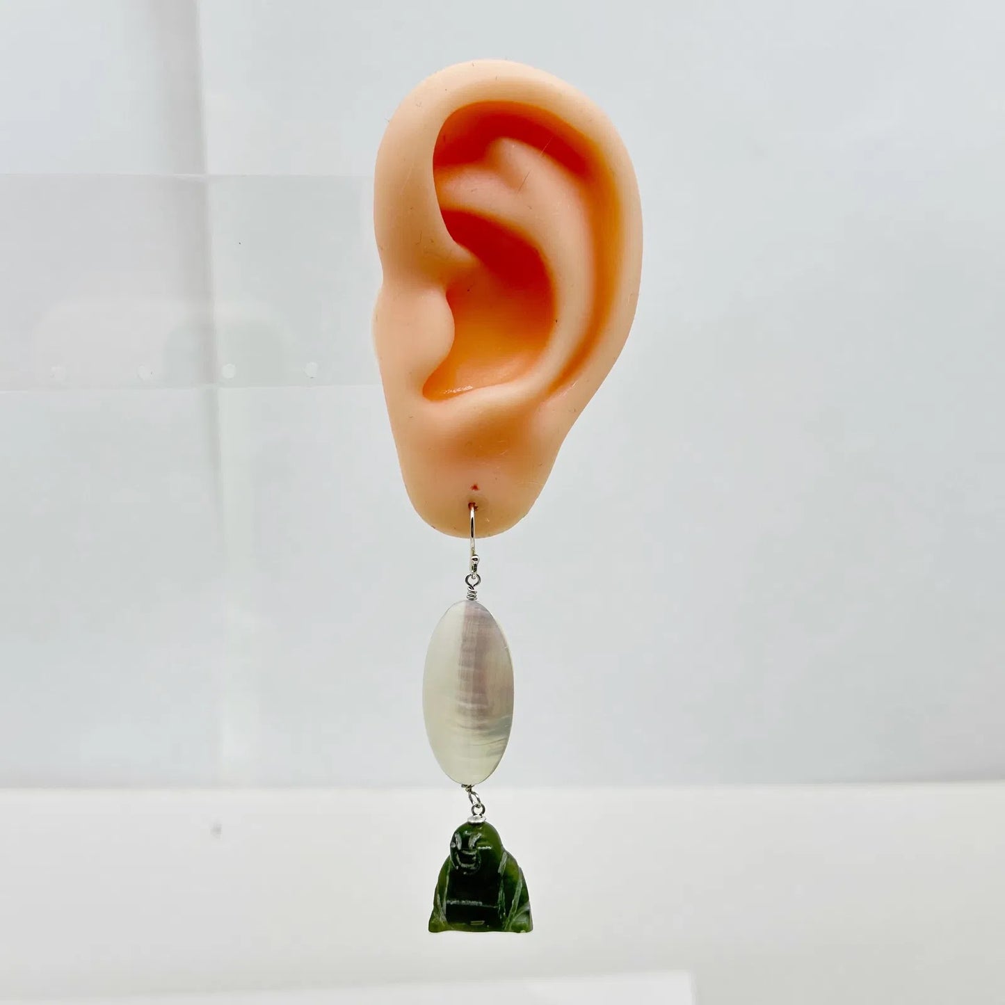 Sterling silver mother of pearl & carved nephrite jade Buddha earrings - GM1038