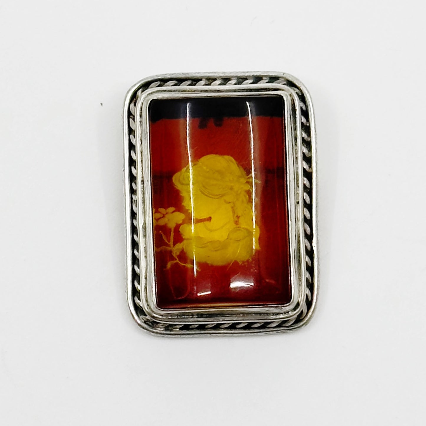 sterling silver reverse carved amber brooch pendant - GM1039