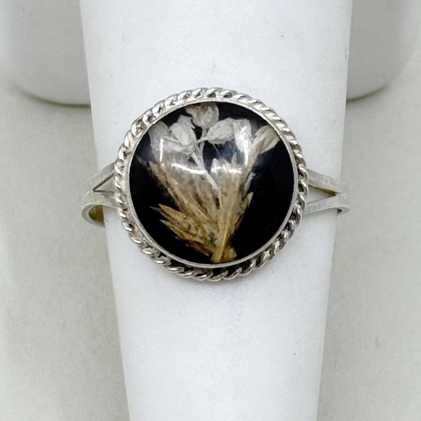 vintage Mexican sterling silver dry flower lucite ring - GM1041