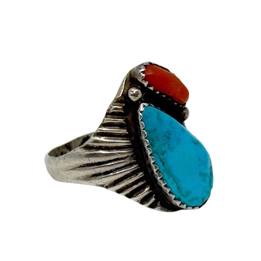 Navajo sterling silver turquoise & coral ring - GM1046