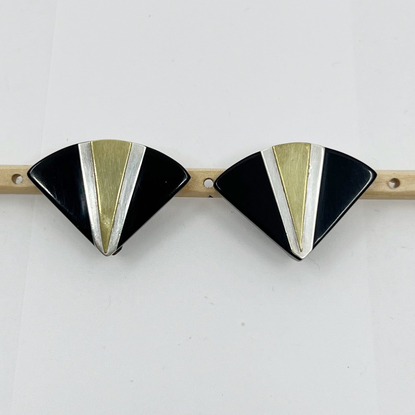 Vintage Sterling silver & brass black lucite clip on earrings - GM1048