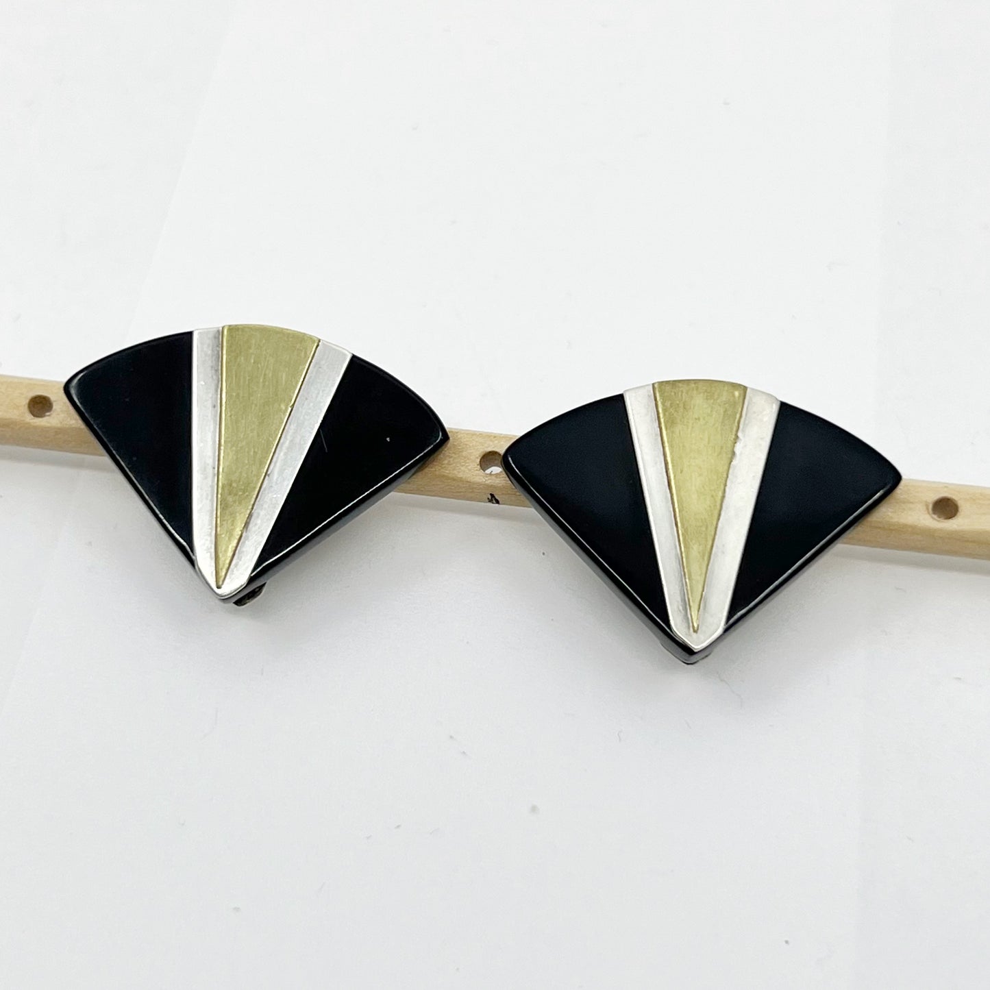 Vintage Sterling silver & brass black lucite clip on earrings - GM1048