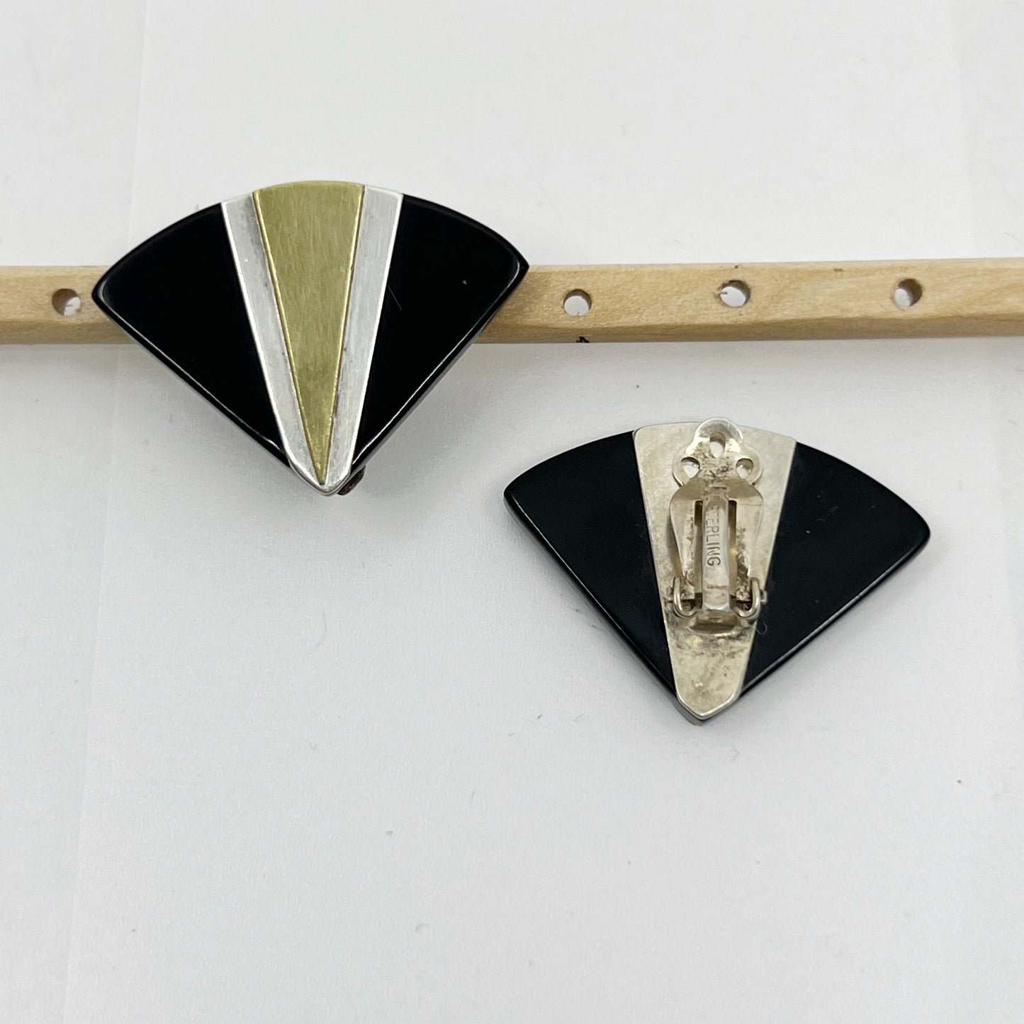 Vintage Sterling silver & brass black lucite clip on earrings - GM1048