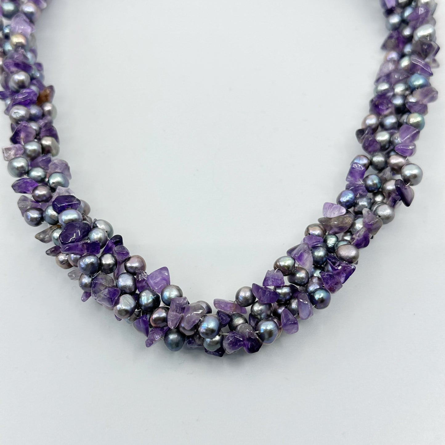sterling silver pearl & amethyst beads torsade necklace - GM1085