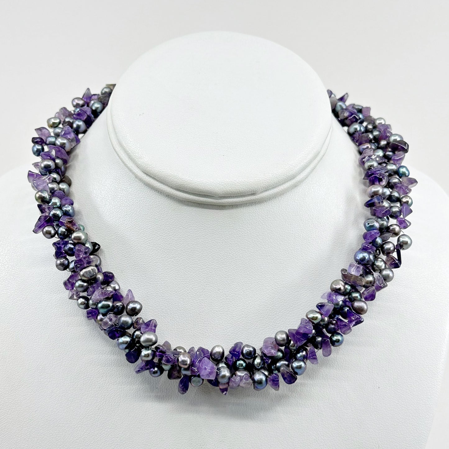 sterling silver pearl & amethyst beads torsade necklace - GM1085