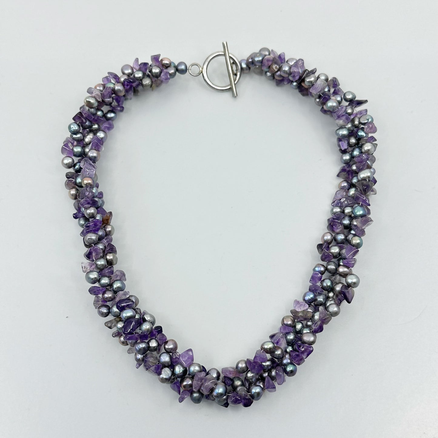 sterling silver pearl & amethyst beads torsade necklace - GM1085