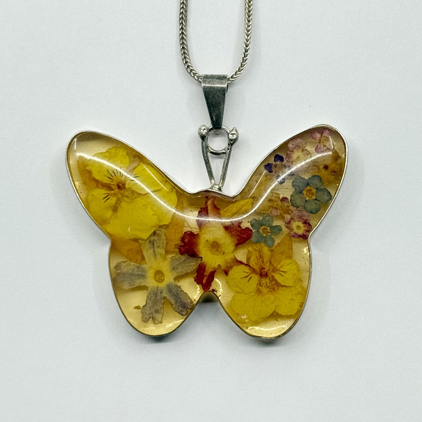 Vintage Sterling Silver dry flowers on acrylic butterfly pendant - GM1134