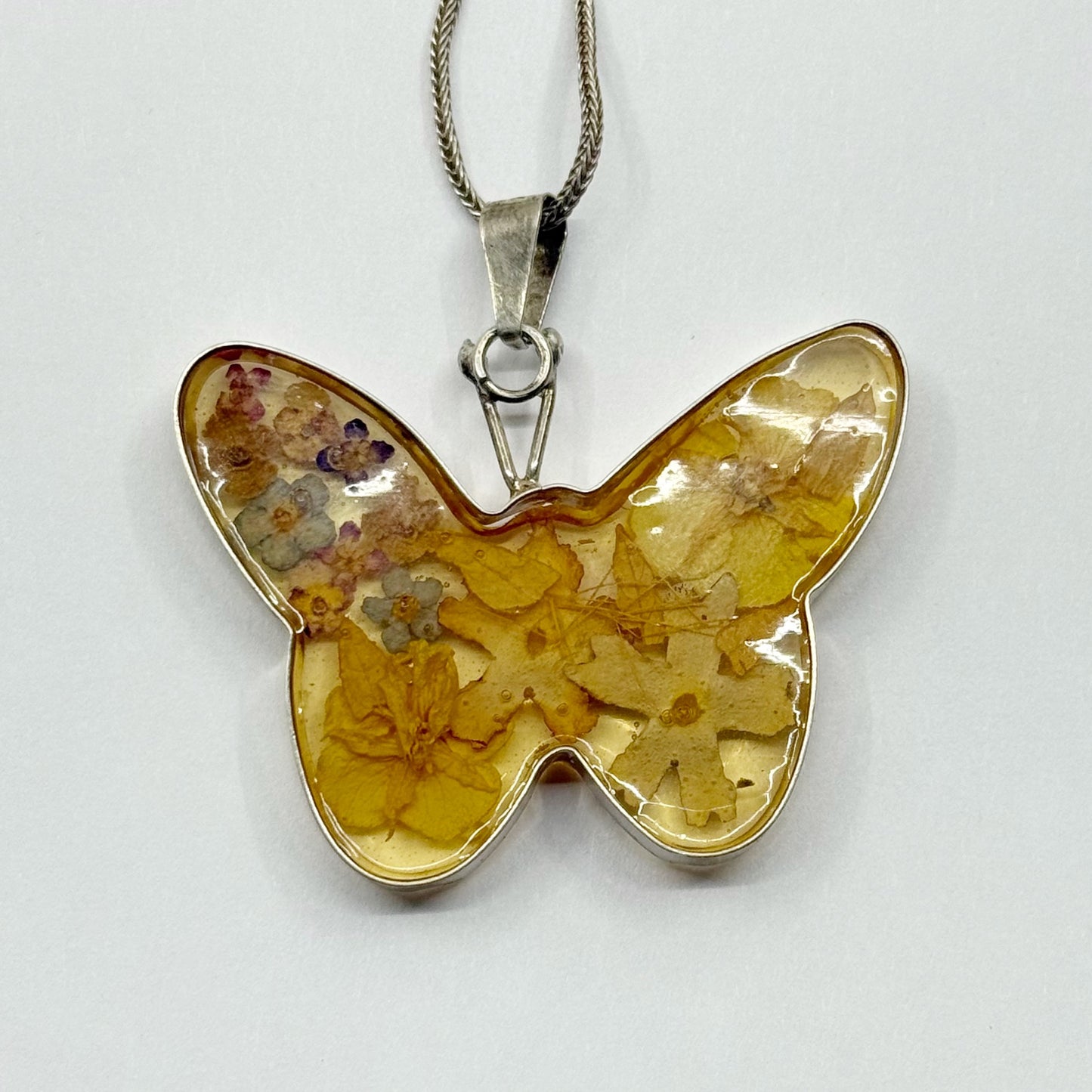 Vintage Sterling Silver dry flowers on acrylic butterfly pendant - GM1134