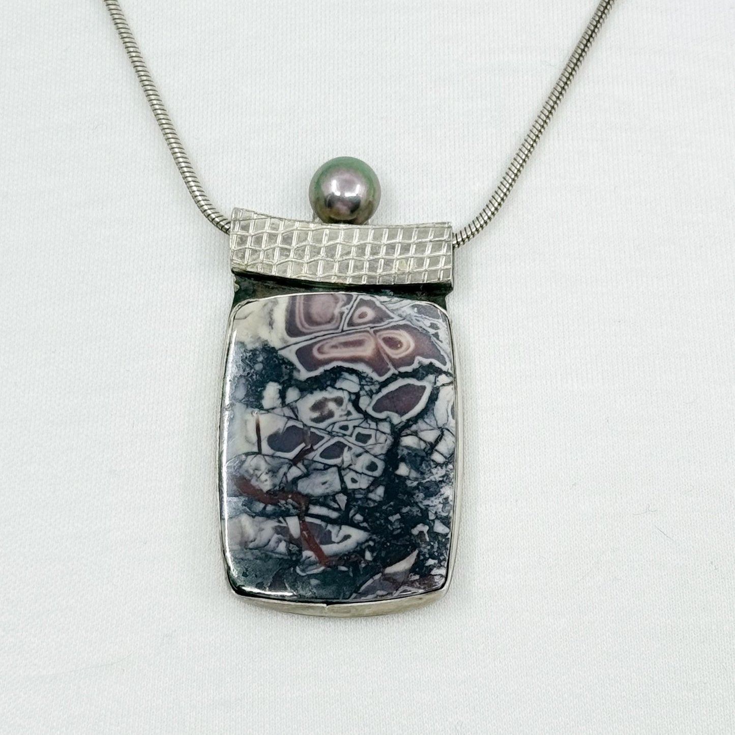 Hand made Myers sterling silver jasper & Tahitian pearl pendant necklace - GM1187
