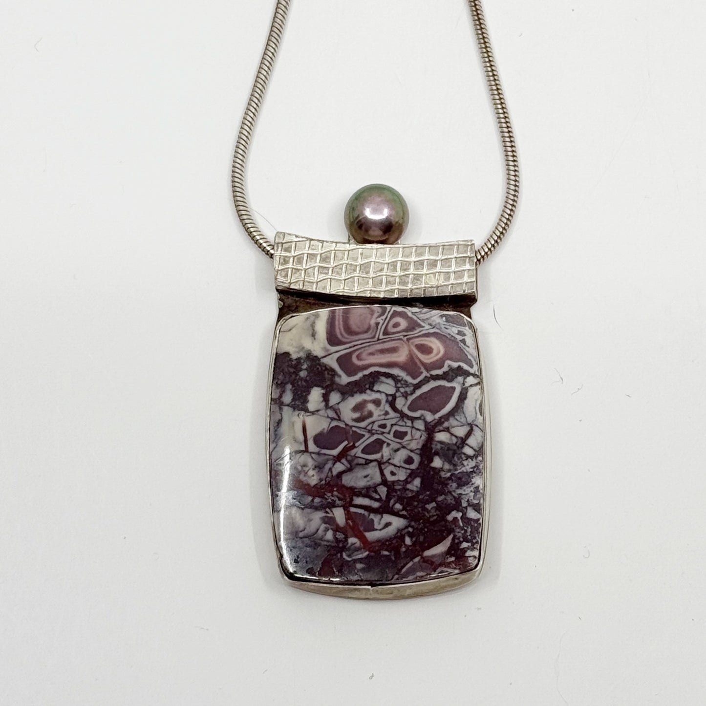 Hand made Myers sterling silver jasper & Tahitian pearl pendant necklace - GM1187
