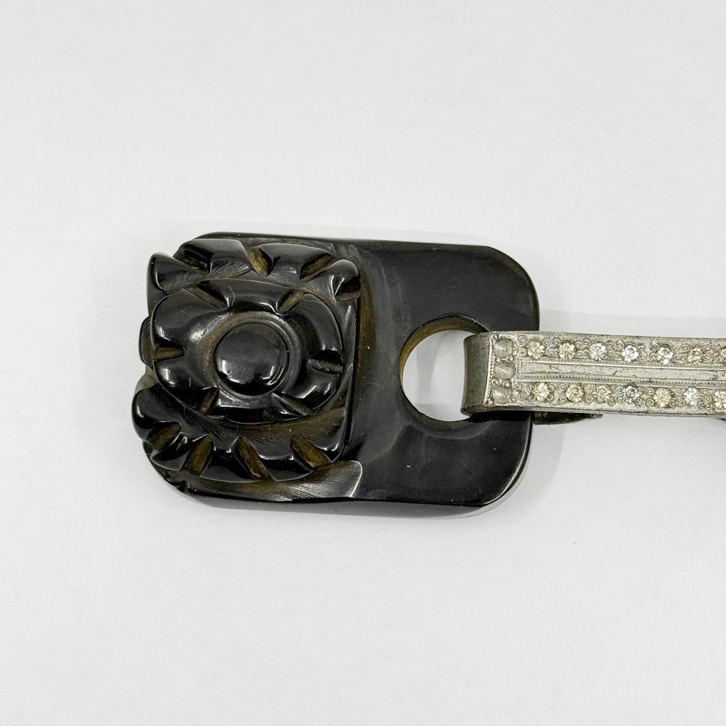 Art Deco carved bakelite & rhinestone silver tone Belt Buckle - GM3015