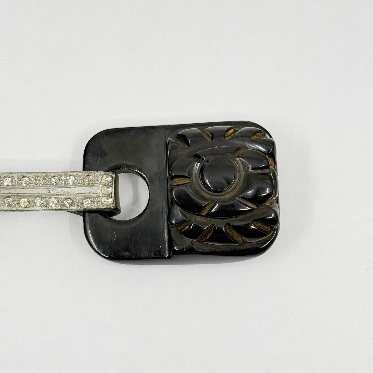 Art Deco carved bakelite & rhinestone silver tone Belt Buckle - GM3015