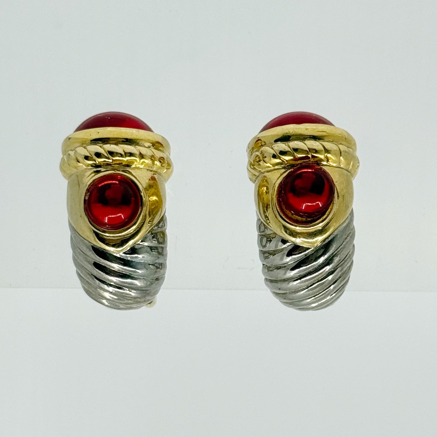 Vintage Gold & silver Tone ruby glass cabochon cable clip on earrings - GM1507