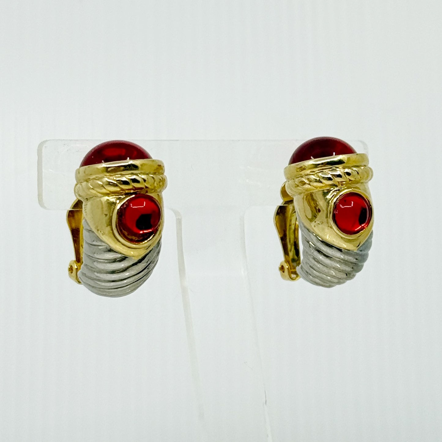 Vintage Gold & silver Tone ruby glass cabochon cable clip on earrings - GM1507