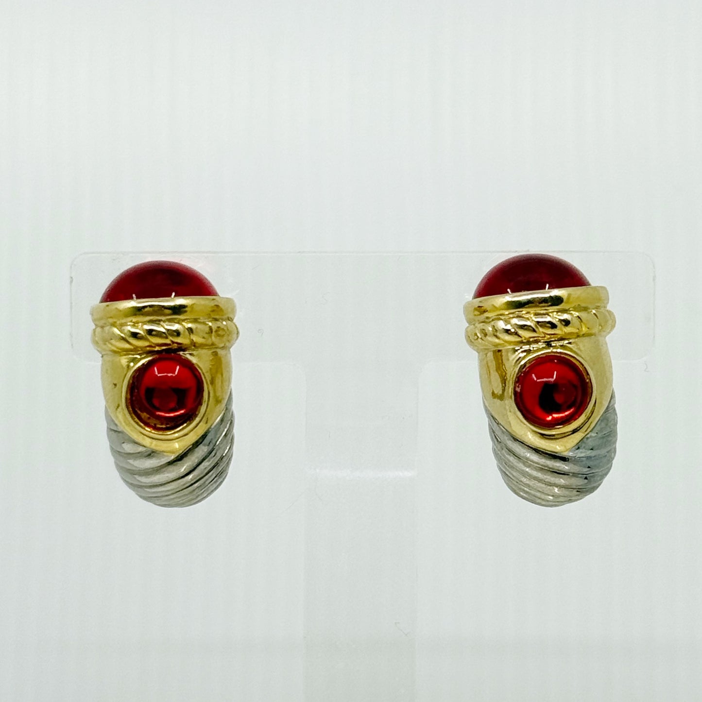 Vintage Gold & silver Tone ruby glass cabochon cable clip on earrings - GM1507