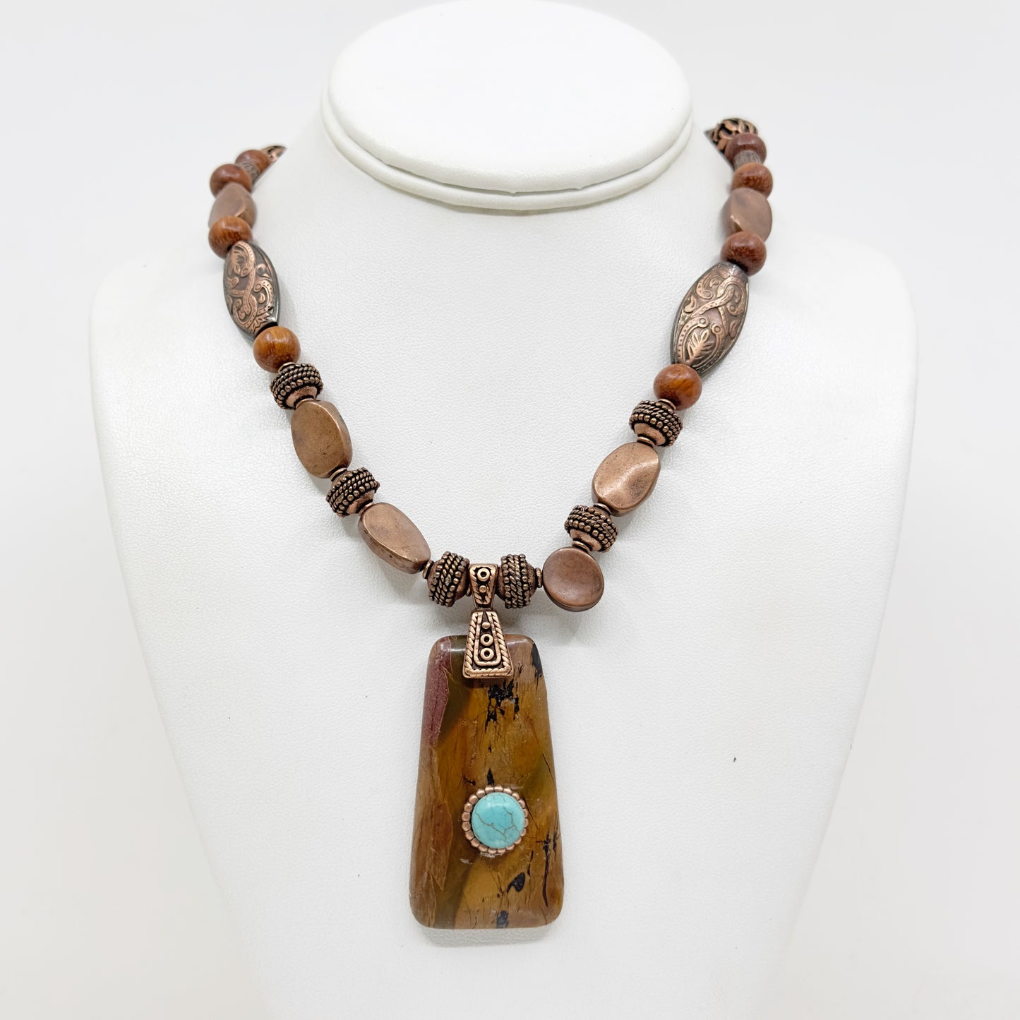 Hand Made copper jasper & wood bead necklace - GM1521