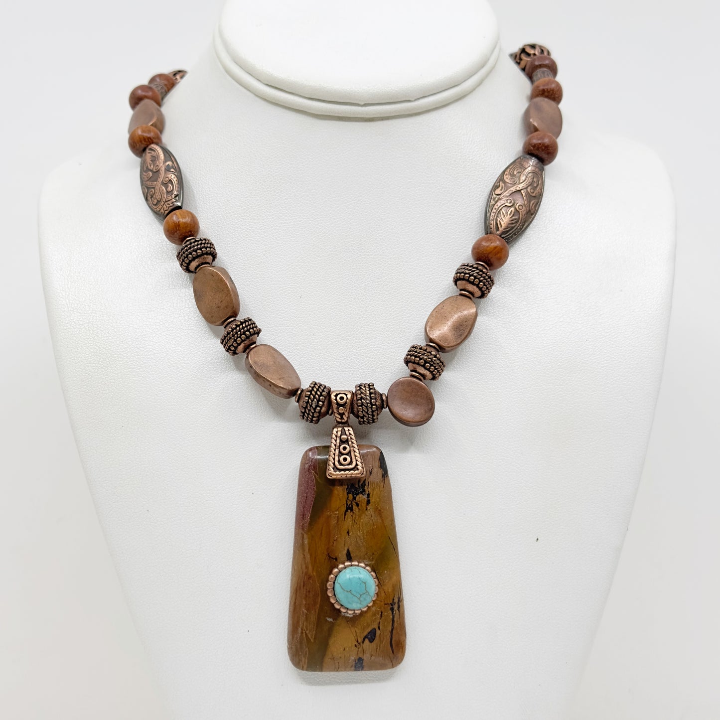 Hand Made copper jasper & wood bead necklace - GM1521