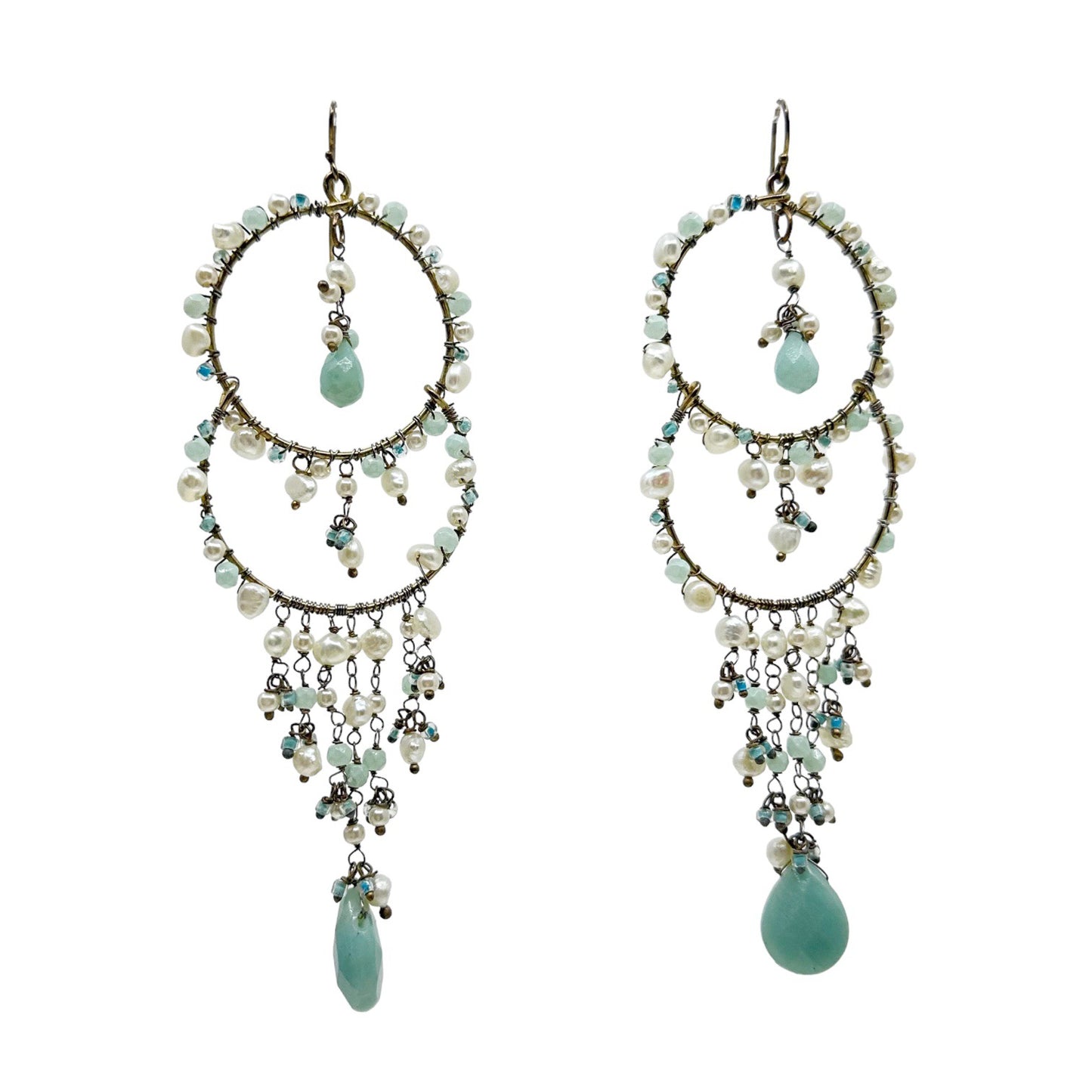 Hand Made Gold vermeil Sterling silver pearl & Larimar shoulder duster earrings - GM153