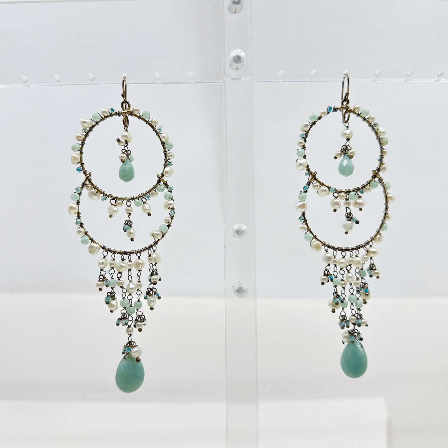 Hand Made Gold vermeil Sterling silver pearl & Larimar shoulder duster earrings - GM153