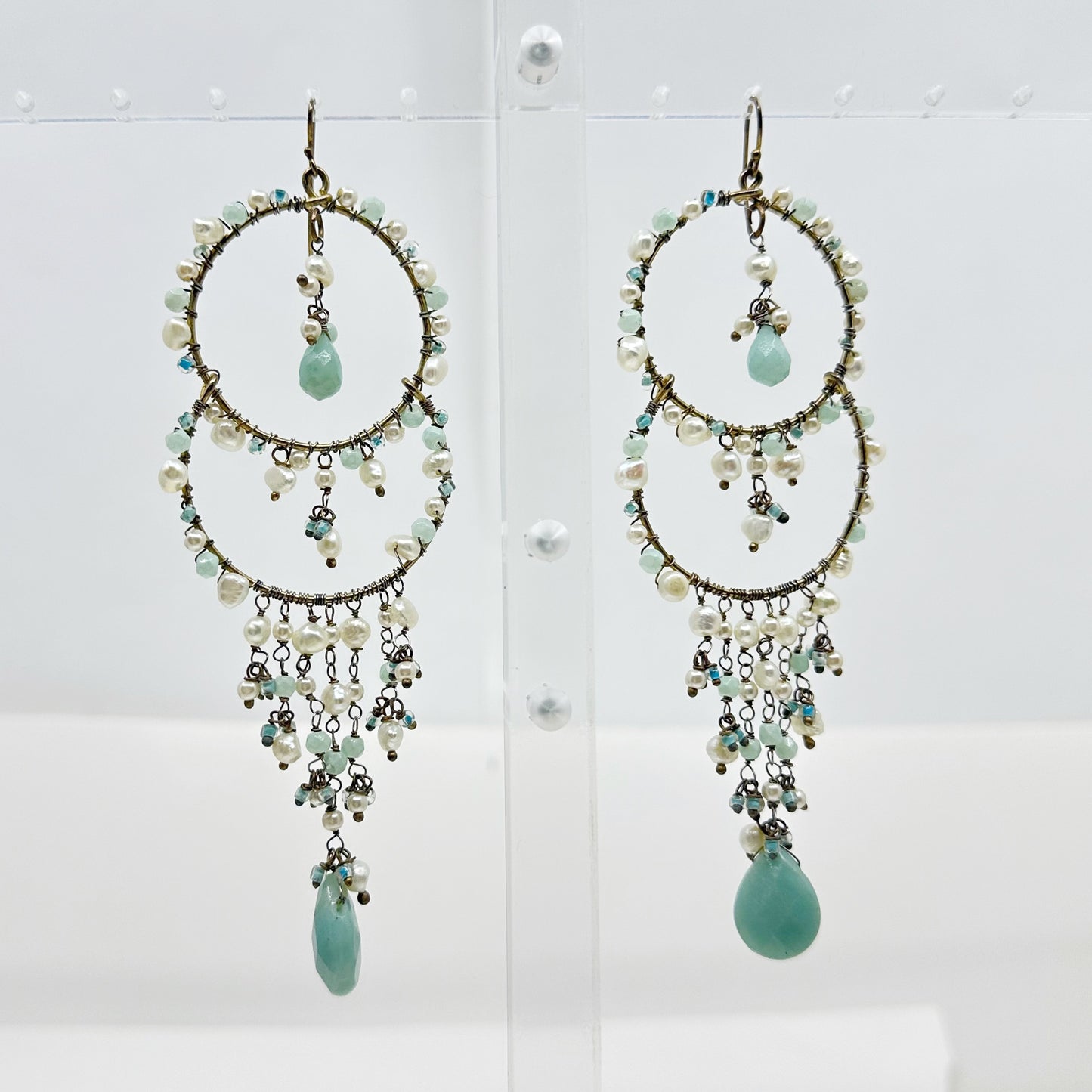 Hand Made Gold vermeil Sterling silver pearl & Larimar shoulder duster earrings - GM153