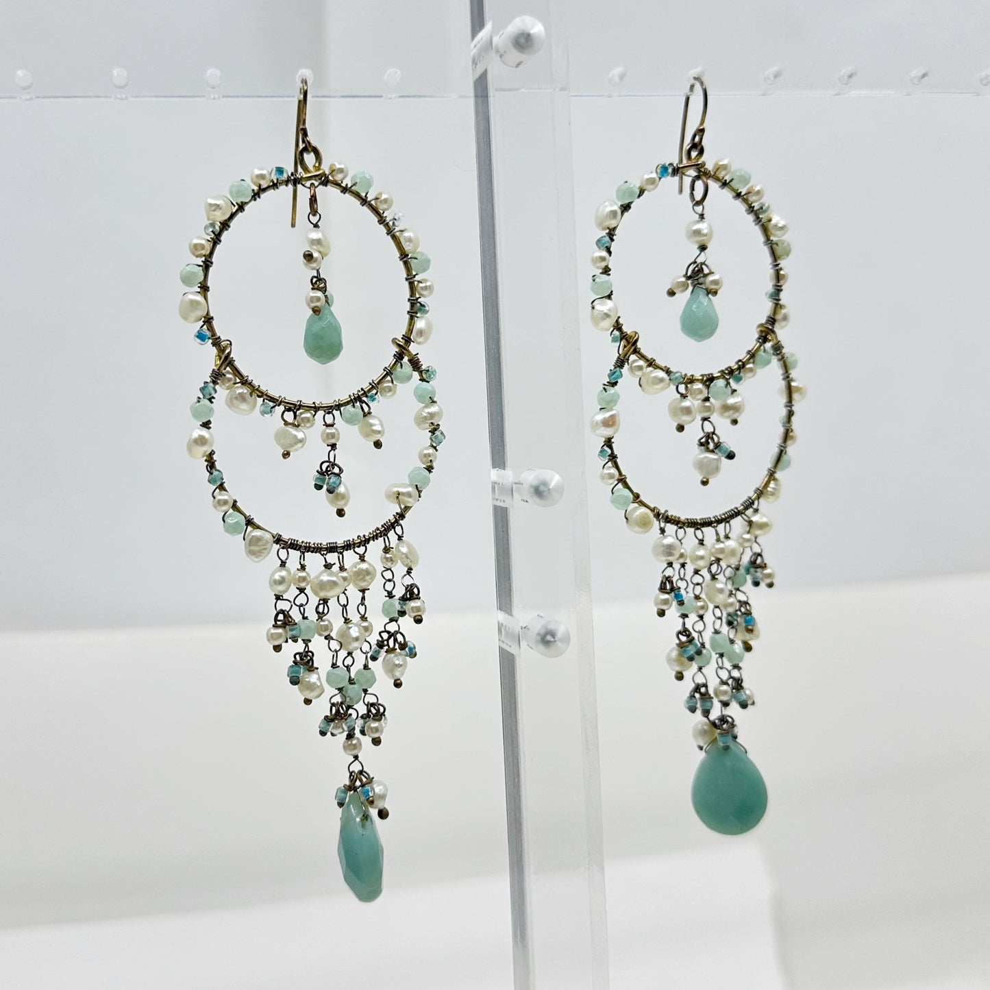 Hand Made Gold vermeil Sterling silver pearl & Larimar shoulder duster earrings - GM153