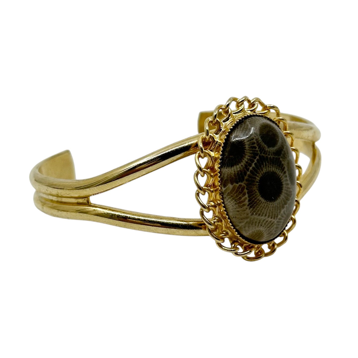 Vintage Gold Tone Fossilize coral cuff bracelet - GM1538