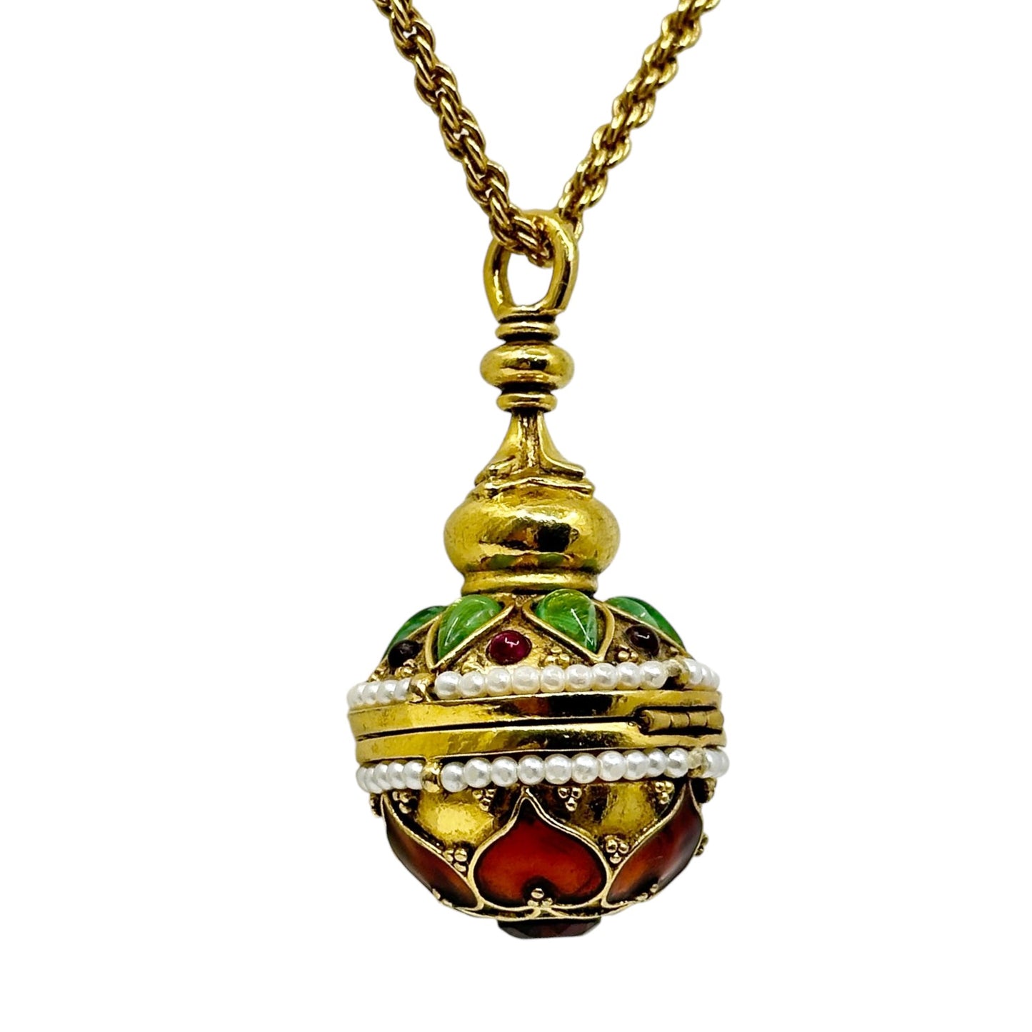 Vintage Gold tone enamel box pendant necklace GM1550
