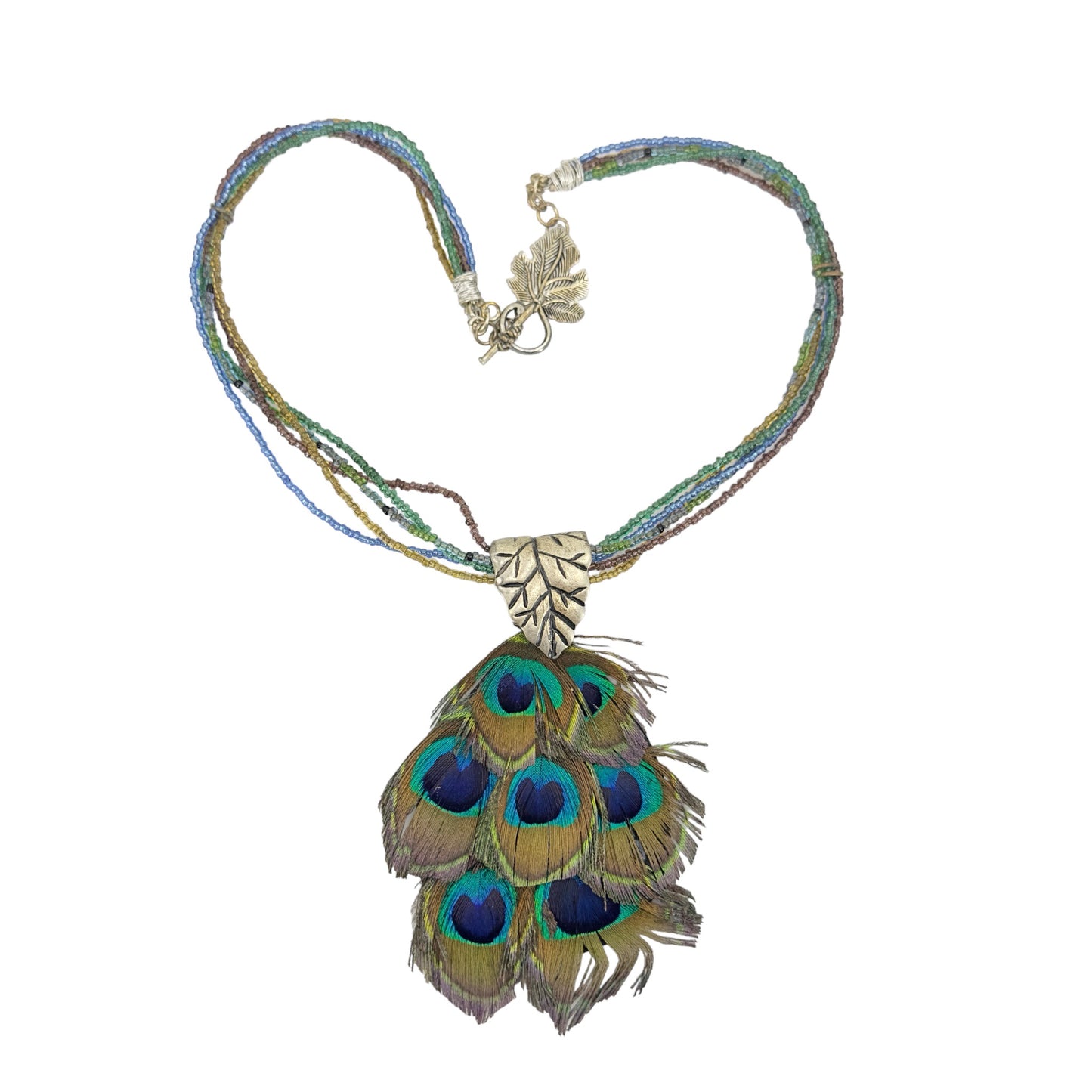 glass Seed bead & peacock feathers pendant necklace GM1560