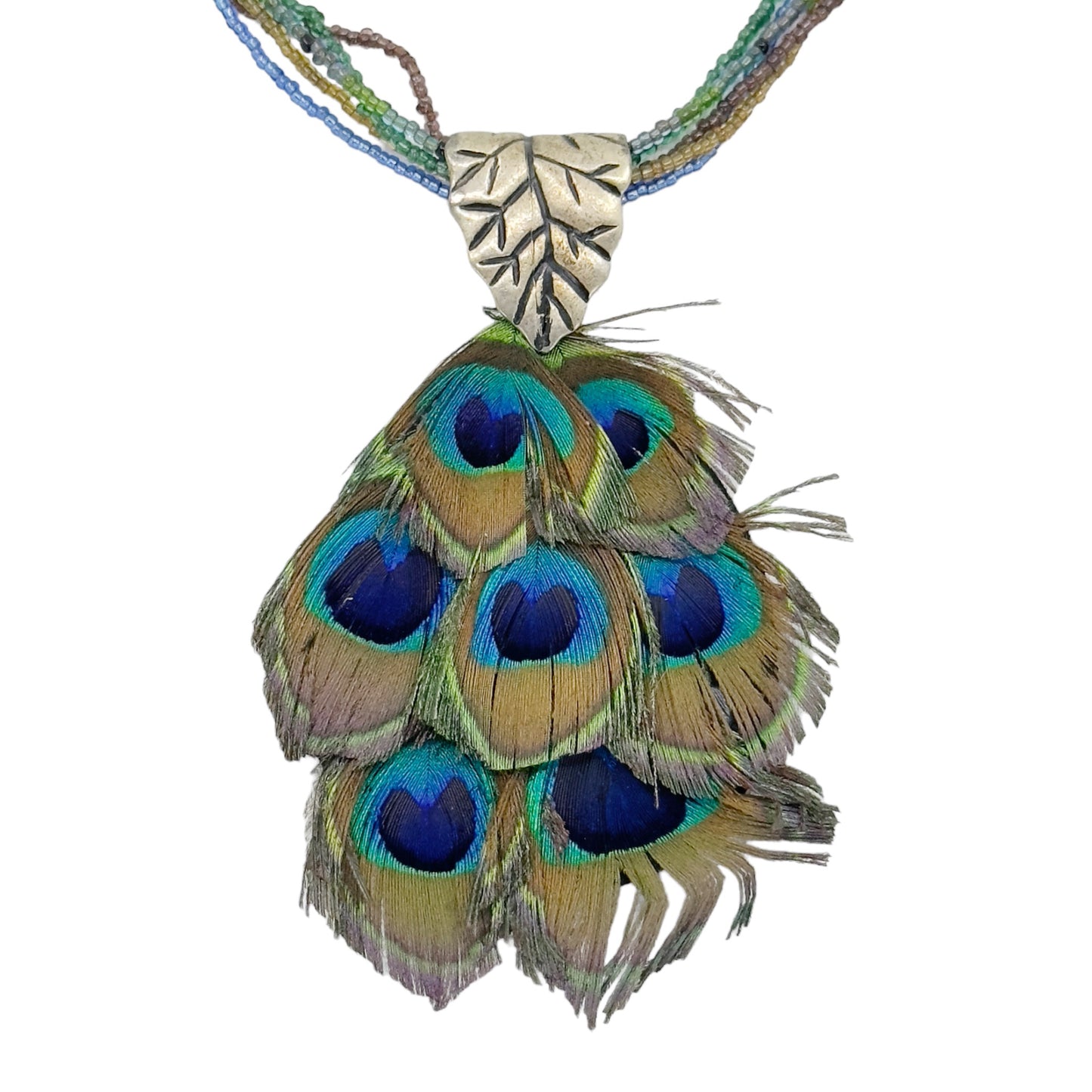 glass Seed bead & peacock feathers pendant necklace GM1560