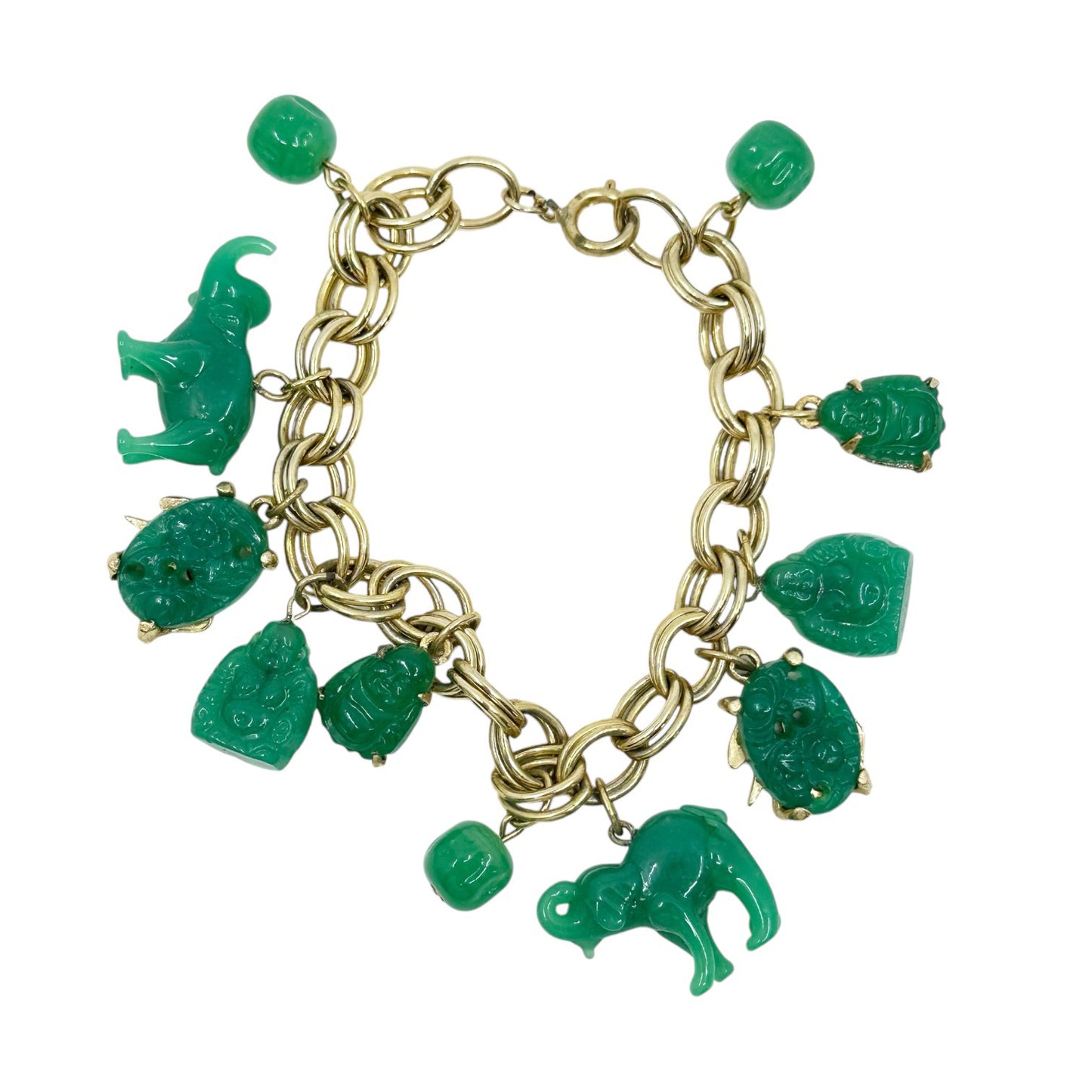 Vintage 12k Gold Filled Asian Motif elephant & Buddha jade glass bead charm bracelet GM1566