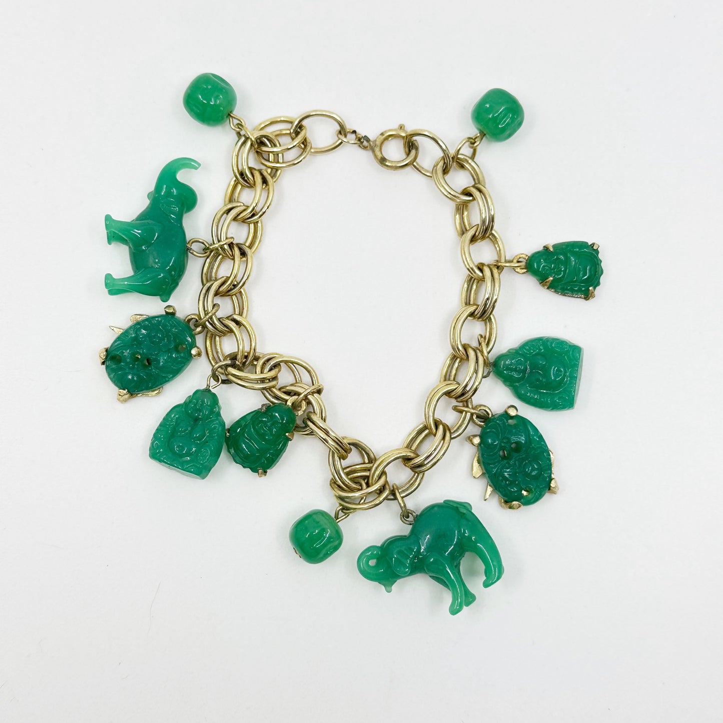 Vintage 12k Gold Filled Asian Motif elephant & Buddha jade glass bead charm bracelet GM1566