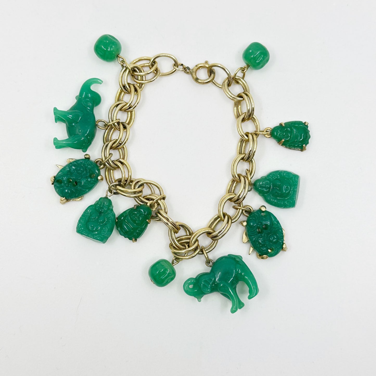 Vintage 12k Gold Filled Asian Motif elephant & Buddha jade glass bead charm bracelet GM1566