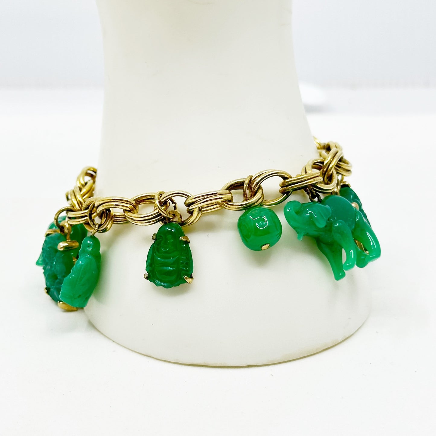 Vintage 12k Gold Filled Asian Motif elephant & Buddha jade glass bead charm bracelet GM1566