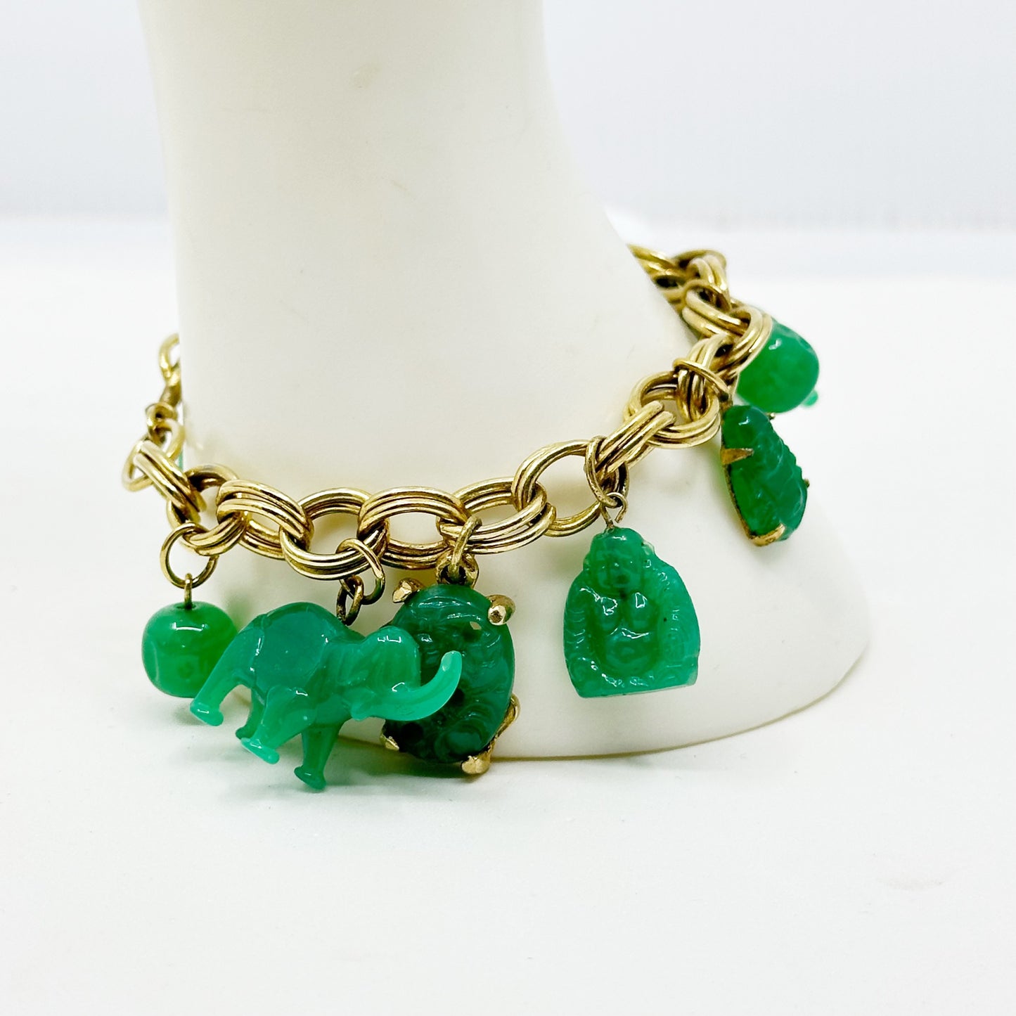 Vintage 12k Gold Filled Asian Motif elephant & Buddha jade glass bead charm bracelet GM1566