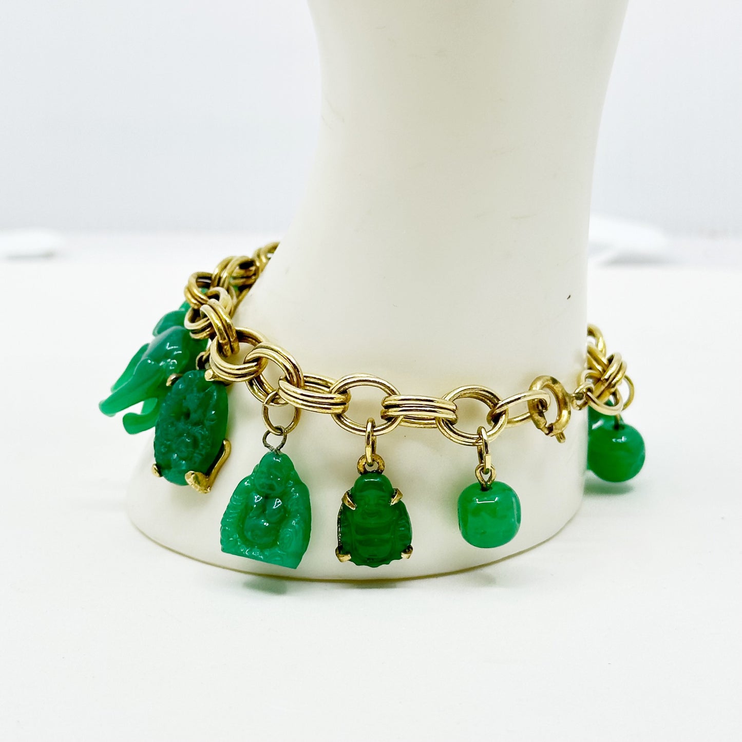 Vintage 12k Gold Filled Asian Motif elephant & Buddha jade glass bead charm bracelet GM1566