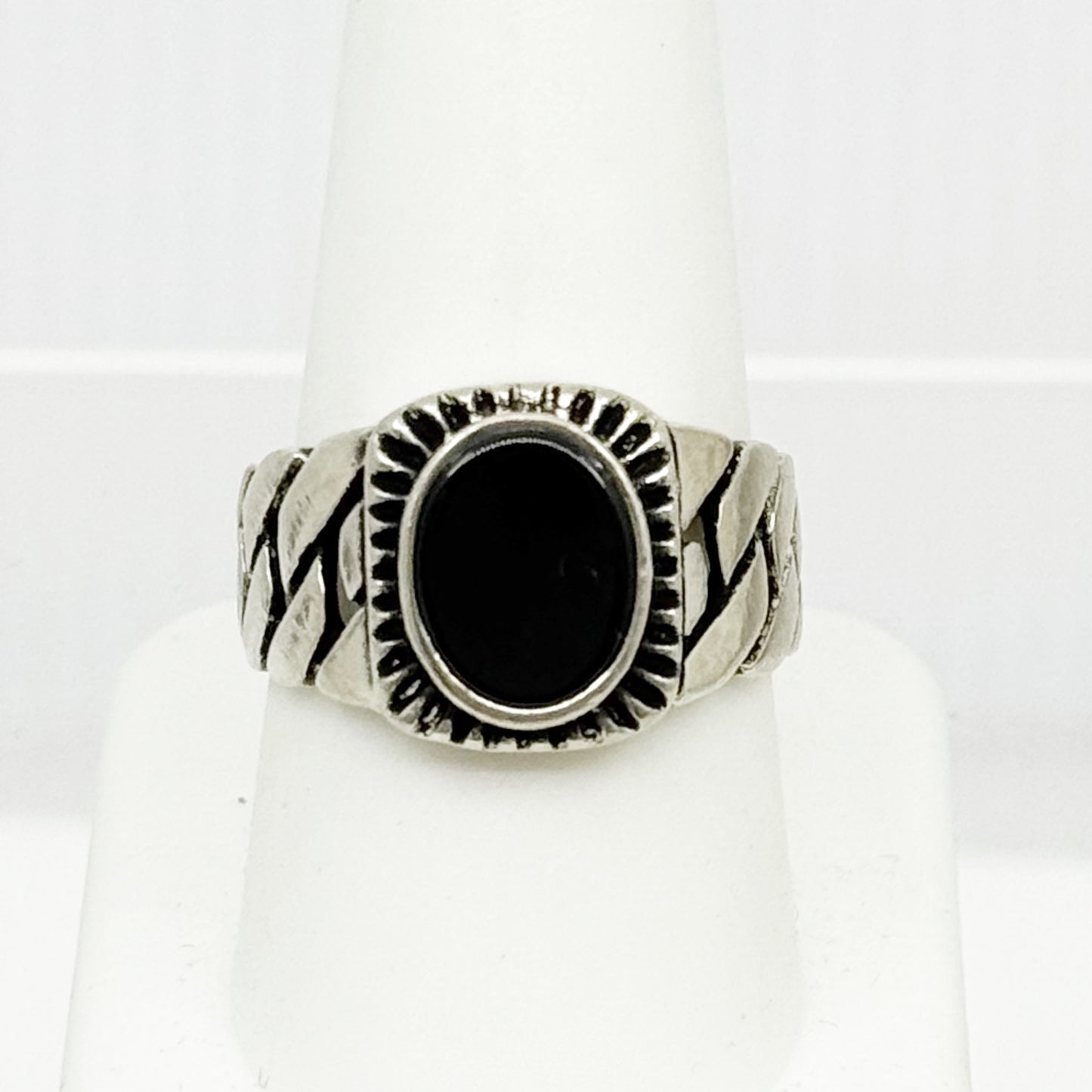 Sterling silver onyx chain link ring - GM157