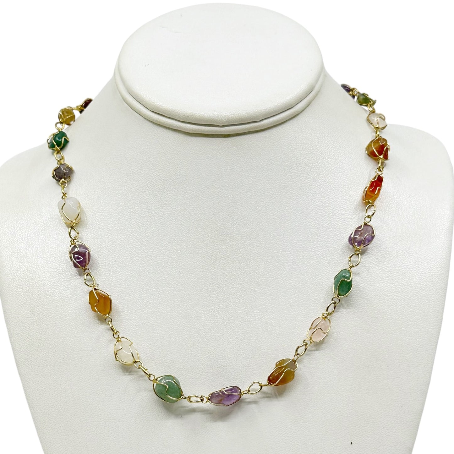 Vintage 12k Gold filled wire wrapped gemstone link necklace GM1577