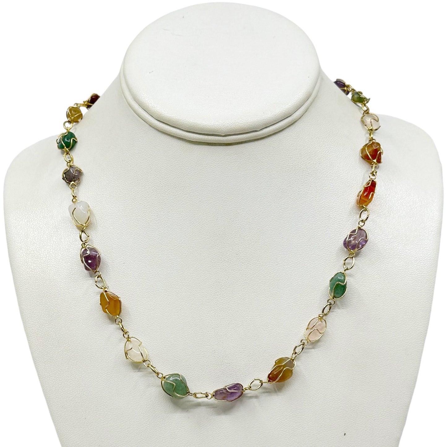 Vintage 12k Gold filled wire wrapped gemstone link necklace GM1577