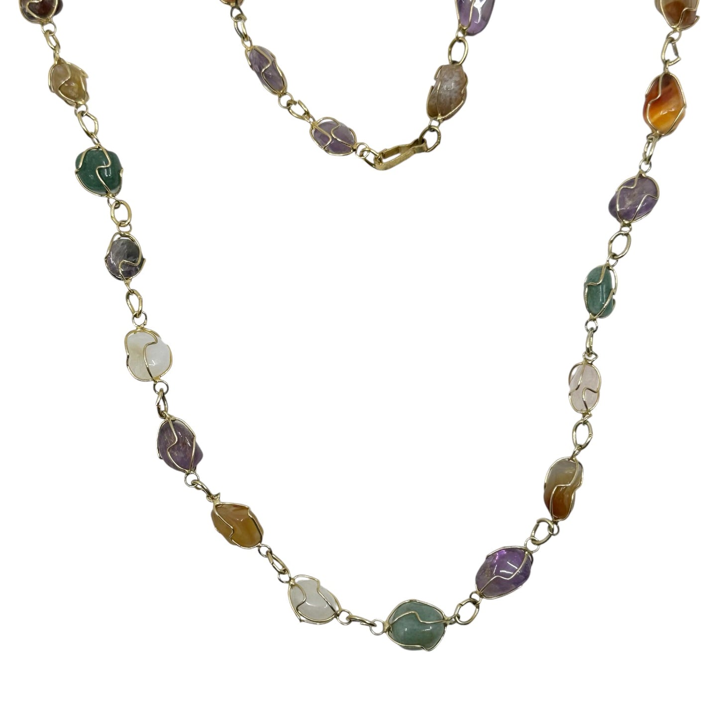 Vintage 12k Gold filled wire wrapped gemstone link necklace GM1577