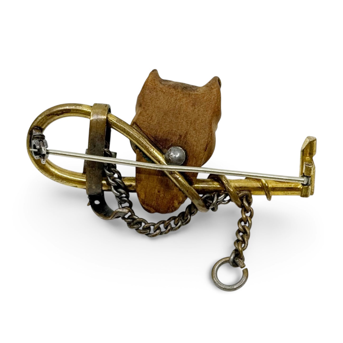 victorian Gold filled carved wood bulldog terrier dog equestrian brooch - GM1582