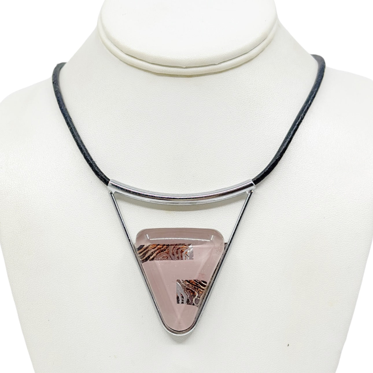Silver tone glass leather cord necklace GM1586