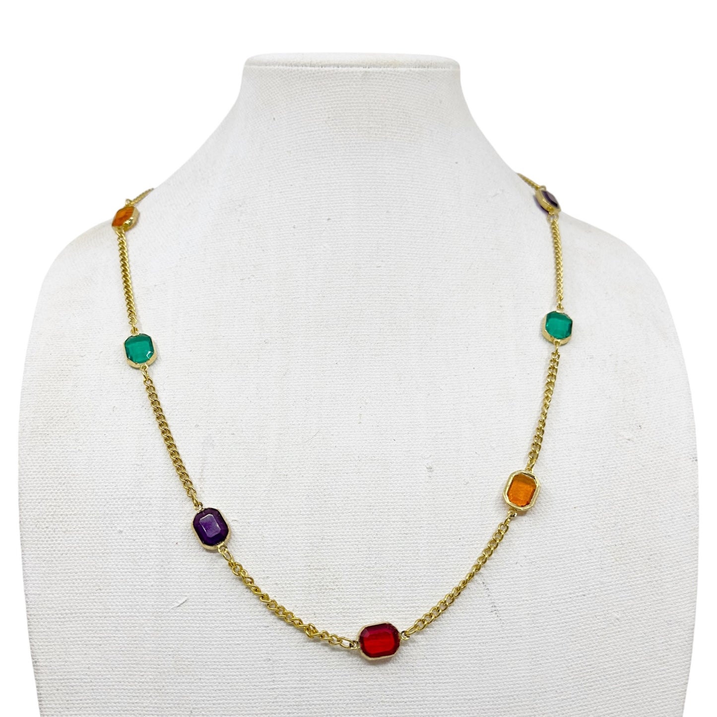 Vintage gold tone acrylic gemstone chain necklace GM1588